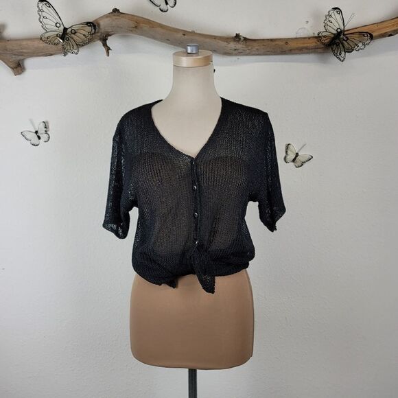 80s semi sheer black short sleeve cardigan - Picture 1 of 5